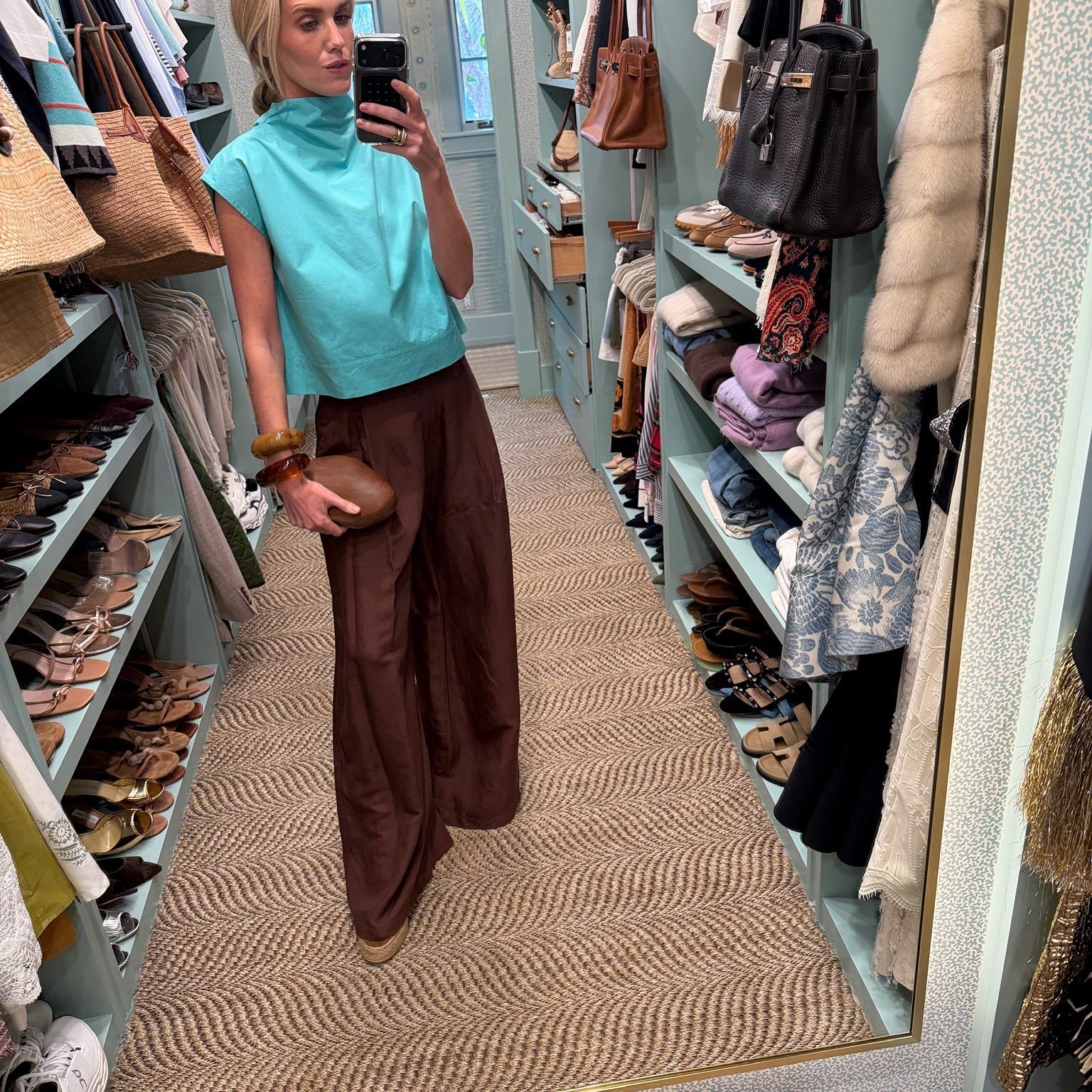 Tramel Top Poplin Dusty Aqua & Beatriz Pant Linen Coco