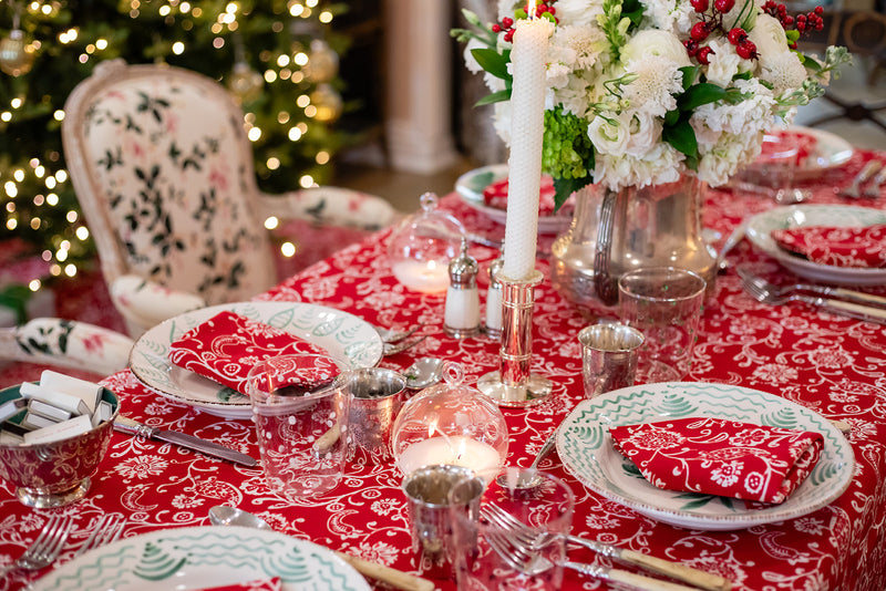 red floral tablecloth