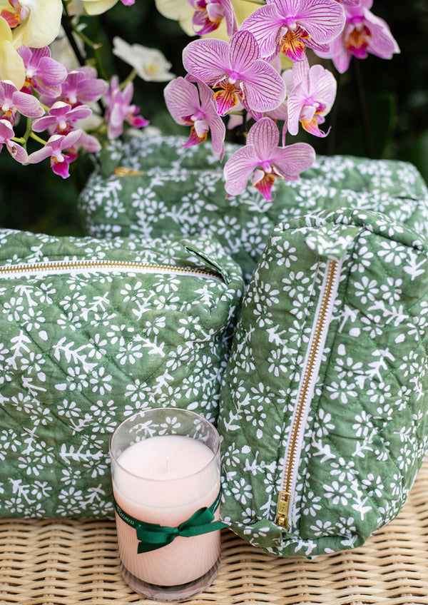green floral makeup bag