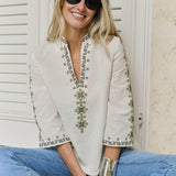 Dylan Tunic Top - Blanc with Moss Embroidery