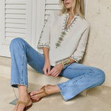 Dylan Tunic Top - Blanc with Moss Embroidery
