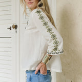 Dylan Tunic Top - Blanc with Moss Embroidery