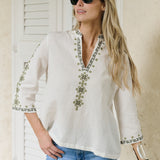 Dylan Tunic Top - Blanc with Moss Embroidery