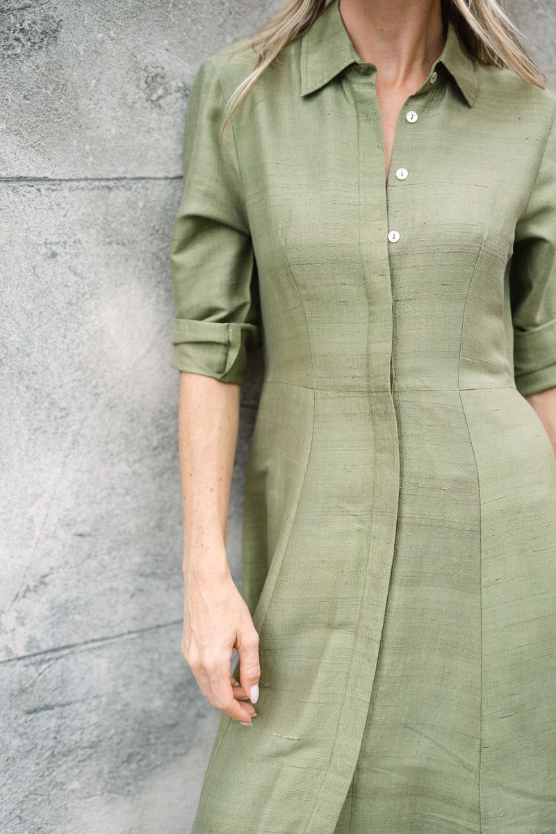 The JA Shirt Dress Dupioni - Moss