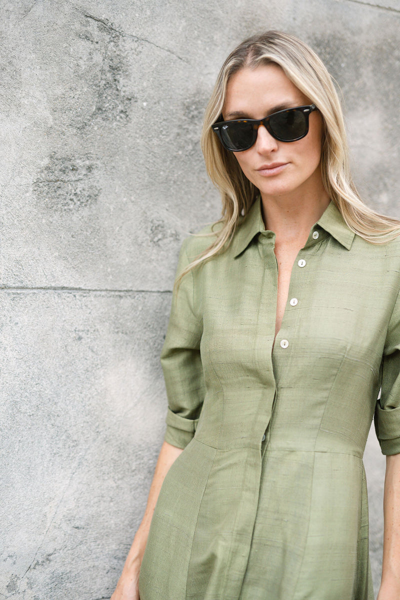 The JA Shirt Dress Dupioni - Moss