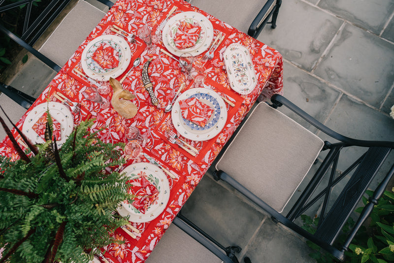 Above shot of Rouge Chintz block print tablecloth table linen red
