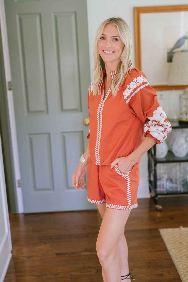 White and orange short and top set for women by Julia Amory 