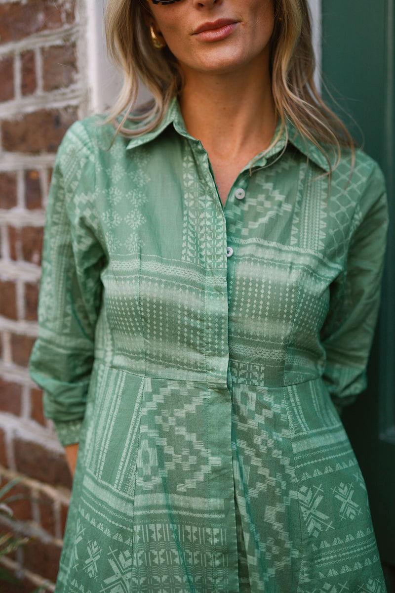 The JA Shirt Dress - Sage Tangier Patchwork