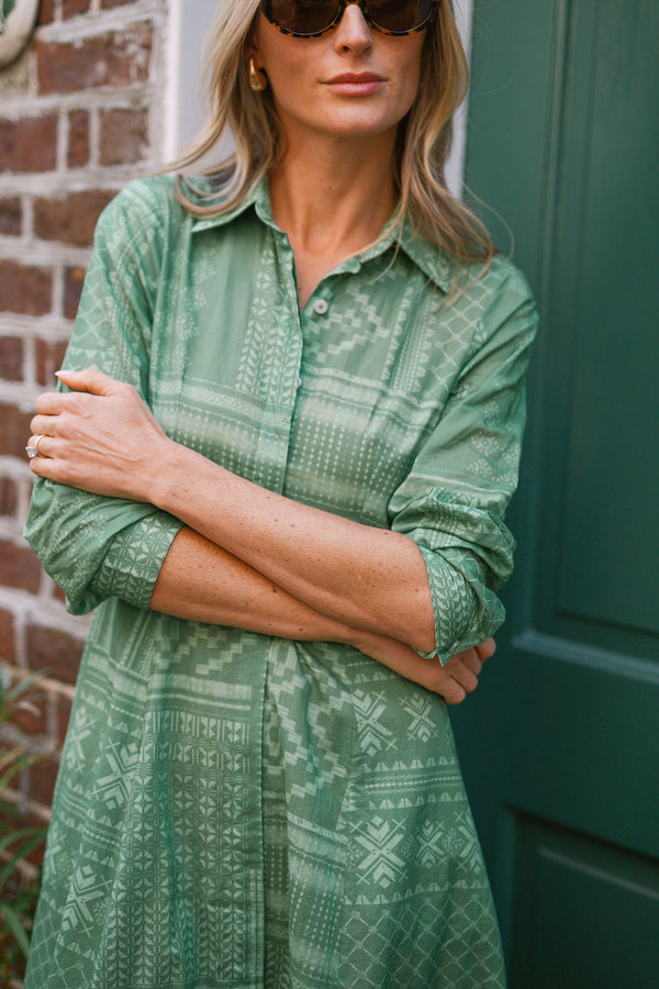 The JA Shirt Dress - Sage Tangier Patchwork