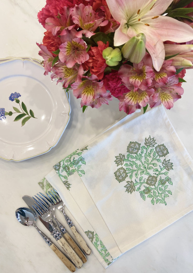 Julia Amory Green floral block print napkins 